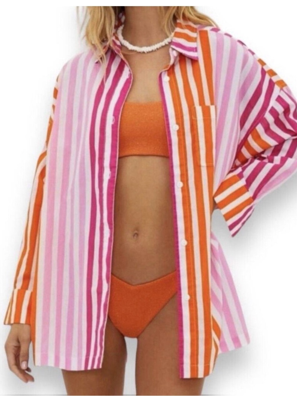 BEACH RIOT Alexa Striped Pink and Orange Button-Up Coverup Top Size S/M Revolve